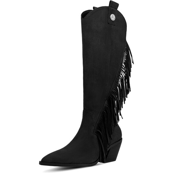 ⚡Women A-black Faux Suede Pointed Toe Pull On Chunky Heel Calf Western Boots - Picture 1 of 5